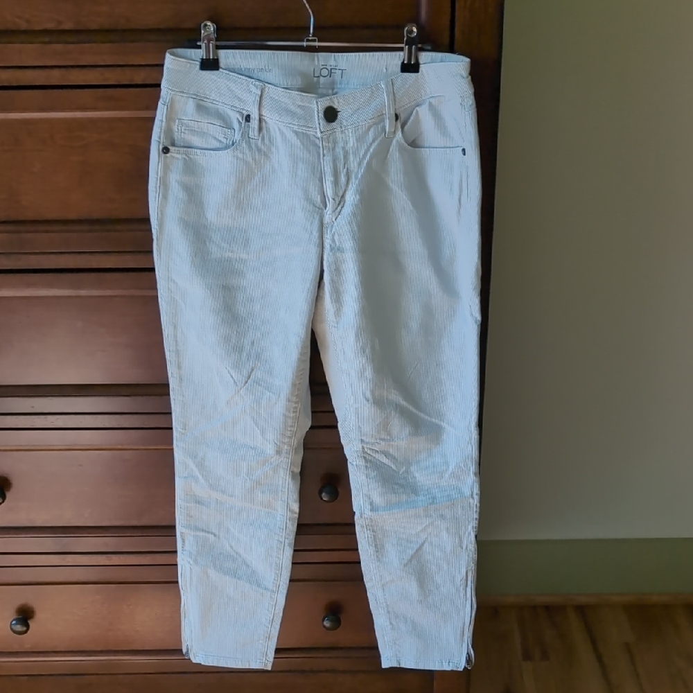 LOFT Women's Striped White With Tan Stripes Ankle Jeans